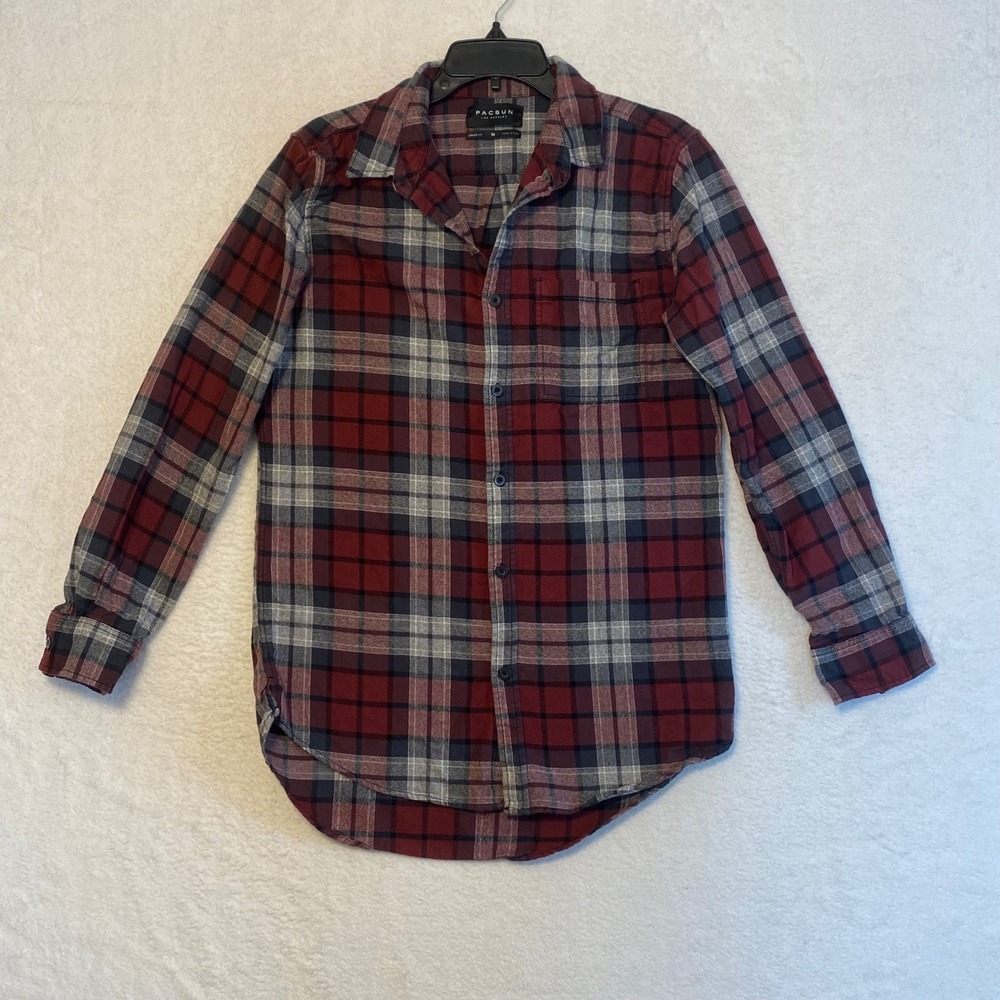 PacoSun Los Angeles Plaid Flannel Shirt Longer Fit Mens Medium Red Black Gray